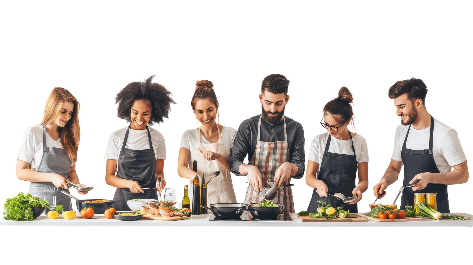 Warm studio environment with cooks collaborating around a table